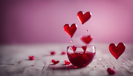 Red heart shapes float in the air and land in a glass of red liquid on a white wooden table.