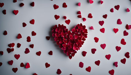 A heart-shaped decoration made of smaller red hearts on a white background. This image represents love and romance, perfect for Valentine's Day.の写真素材