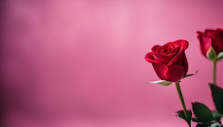 A single red rose stands out against a soft pink background, showing its vibrant color and delicate beauty.の写真素材