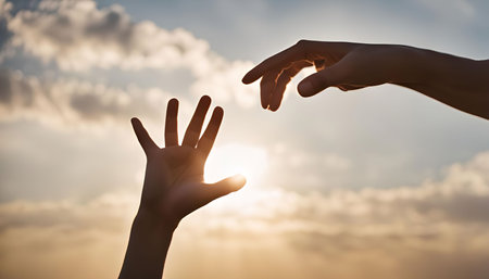 Two hands reach towards each other in a silhouette against a golden sky, symbolizing hope,...
