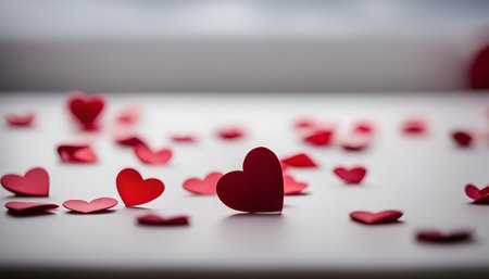 A close-up shot of numerous red hearts scattered on a white surface. The hearts are out of focus...