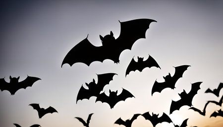 A flock of bats fly in a silhouette against a twilight sky, creating a spooky and mysterious...