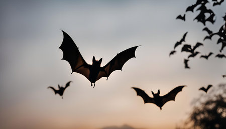 A group of bats fly in formation against a setting sun, their silhouettes visible against the warm hues of the sky. The image captures their graceful flight and natural beauty.の写真素材