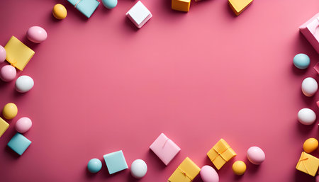 A festive arrangement of pastel colored easter eggs and wrapped gift boxes on a pink background. The image creates a joyful and celebratory atmosphere perfect for the spring holiday.の写真素材