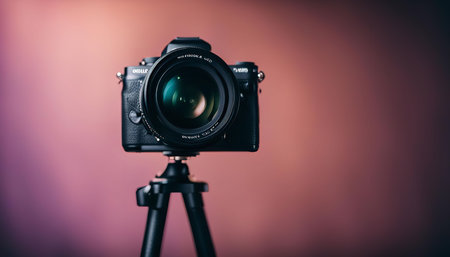 A camera on a tripod against a pink background