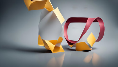 Abstract art photo of a paper sculpture with a yellow and red color scheme. The sculpture is...