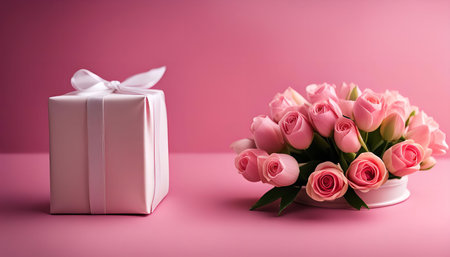 A pink gift box tied with a white ribbon and a bouquet of pink roses on a pink background.の写真素材