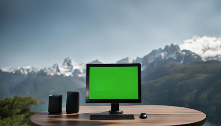A computer with a green screen sits on a wooden desk overlooking a breathtaking mountain vista. The snowy peaks rise up against a clear blue sky, creating a beautiful landscape perfect for inspiration or work.の写真素材