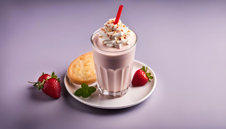 A glass of strawberry milkshake topped with whipped cream and a cookie, served on a plate with fresh strawberries.の写真素材