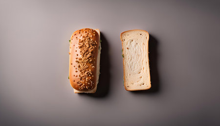 A close-up shot of a sandwich, cut in half, revealing the inside filling.の写真素材