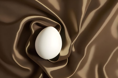 Close-up of a single, white egg resting gently on a luxurious, brown silk fabric. The image exudes elegance and simplicity.の写真素材