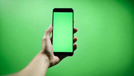 A hand holding a smartphone with a green screen in front of a green background.の写真素材