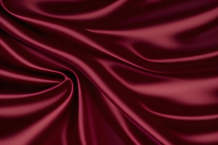 Close-up of a luxurious burgundy satin fabric with soft drapes and folds.の写真素材