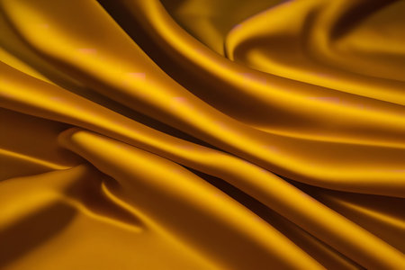 Close-up view of luxurious golden silk fabric with soft folds and smooth texture. The image evokes elegance and luxury.の写真素材