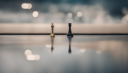 Two chess pieces, one gold and one black, stand on a reflective surface with a blurred background, creating a sense of strategy and competition.の写真素材