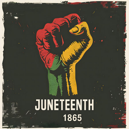 A powerful image commemorating Juneteenth 1865, showcasing a raised fist painted in Pan-African colors symbolizing freedom and the fight for equality.の写真素材