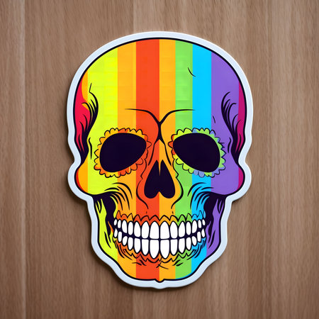 A colorful sticker featuring a rainbow-striped sugar skull. A symbol of pride and life.の写真素材