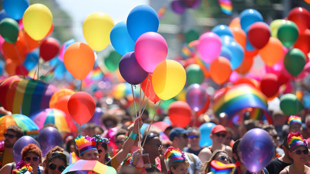 A vibrant Pride parade filled with colorful balloons and joyful people celebrating love and diversity.の写真素材