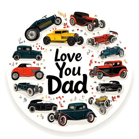A heartwarming illustration of classic cars arranged in a circle with 'Love You Dad' in the center, a perfect Father's Day gift.の写真素材