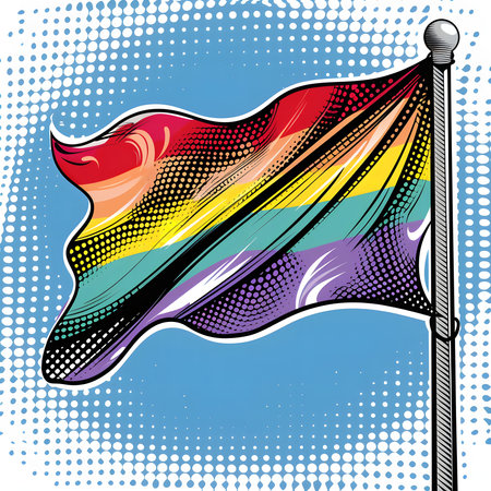 A vibrant pop art illustration of a rainbow flag waving proudly. It's a symbol of pride, diversity and LGBTQ+ rights.の写真素材
