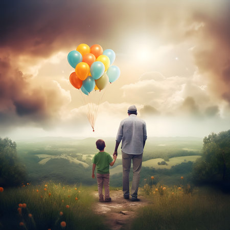 A heartwarming scene of a father and son watching colorful balloons float away against a scenic backdrop of rolling hills and a vibrant sunset.の写真素材