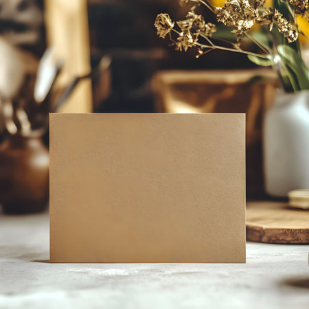 Tan card mockup on a rustic surface with blurred background elements.の写真素材