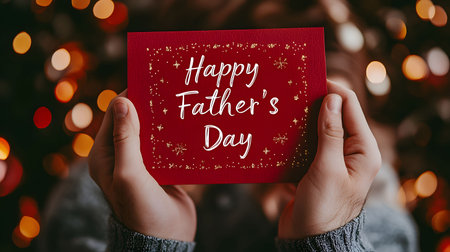 Close-up of hands holding a red Father's Day card, a bokeh background of Christmas lights adds a festive touch.の写真素材
