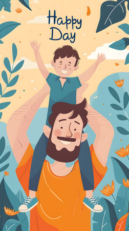 A heartwarming illustration of a father giving his son a piggyback ride, surrounded by nature. It's a celebration of joy and family.の写真素材