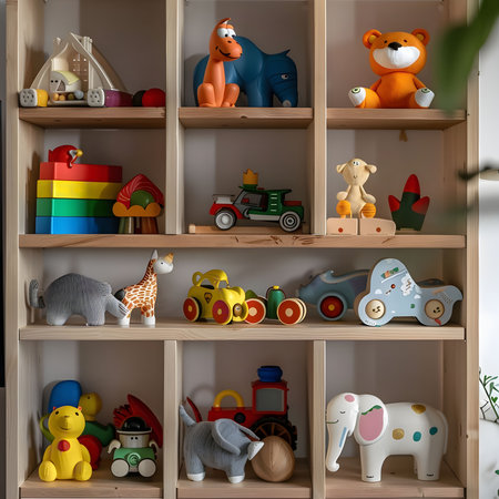 A charming collection of toys neatly arranged on wooden shelves, showing a variety of stuffed animals and vehicles.の写真素材
