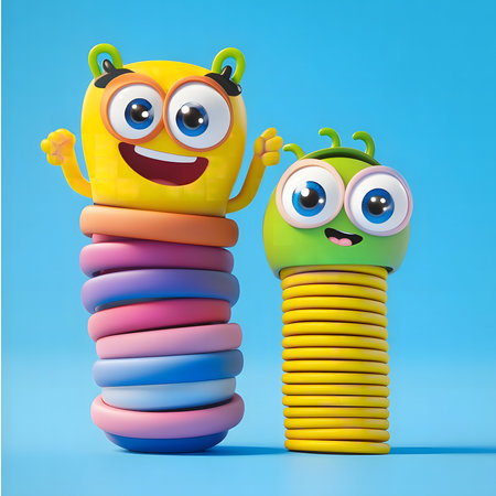 Two cute, 3D rendered cartoon monsters playfully stack colorful rings. A fun and vibrant image!の写真素材