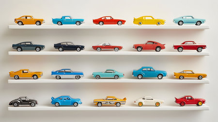 A neat collection of vintage toy cars displayed on white shelves. Various colors and models are shown.の写真素材