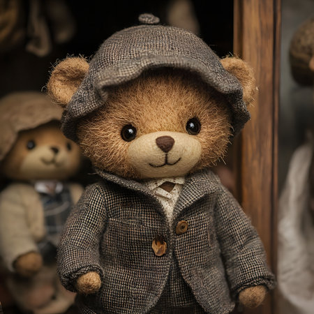 Close-up of a charming teddy bear wearing a tweed jacket and hat.の写真素材