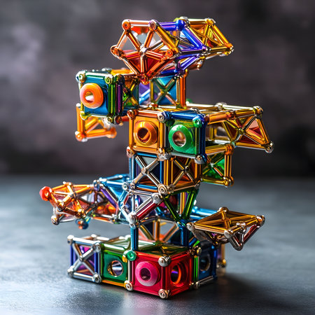 A vibrant magnetic construction toy, showing its colorful blocks and rods, assembled into a unique...