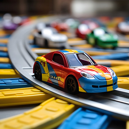 A vibrant toy race car zooms along a plastic track, surrounded by other colorful cars.の写真素材