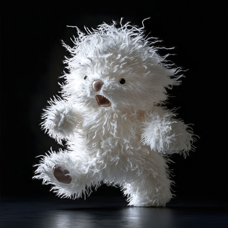 A white fluffy teddy bear appears to be running or walking in a dark studio setting. The lighting is dramatic, enhancing the texture of its fur.の写真素材