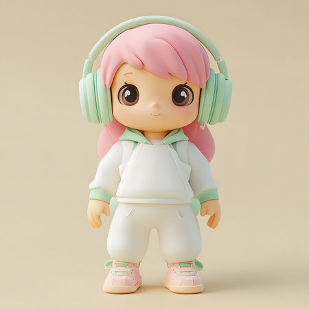 A charming 3D rendered image of a cute girl wearing headphones.の写真素材