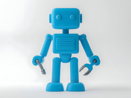 A cute blue robot holding tools. 3D rendered image. Shows technology and innovation.の写真素材