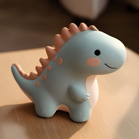 Close-up view of a cute blue dinosaur figurine. It sits on a wooden surface.の写真素材