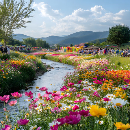 Stunning river scene with colorful wildflowers and mountains. Beautiful summer day.の写真素材