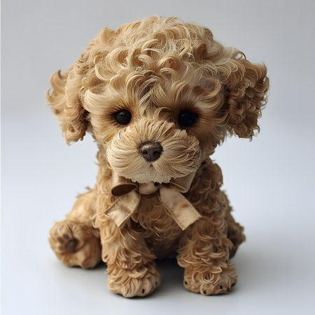 A charming figurine of a fluffy brown toy poodle, sitting with a bow. Adorable and cute.の写真素材