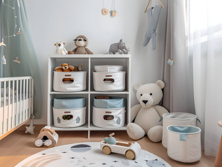 A charming nursery with white storage, soft toys, and pastel colors. Creating a peaceful haven for a little one.の写真素材