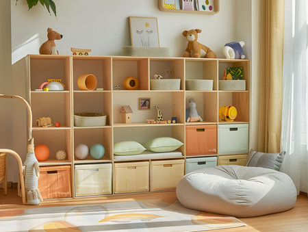 A well-organized playroom featuring wooden shelves filled with toys and storage boxes, complemented by a comfy light gray beanbag.の写真素材