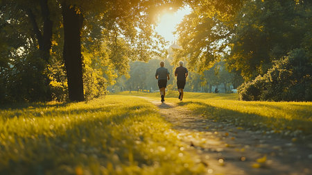 Two friends enjoy a jog during a vibrant sunset, surrounded by a beautiful park.の写真素材