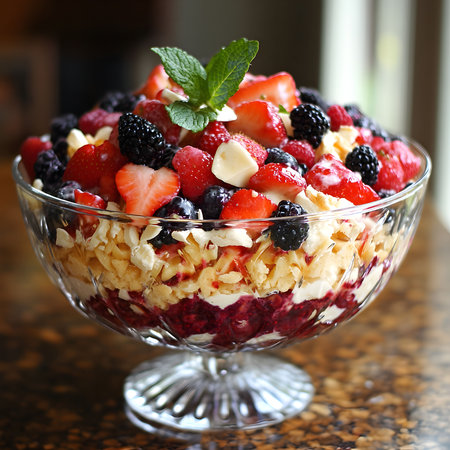 A vibrant summer berry trifle, layered with creamy custard and a crisp topping. Perfect for a special occasion!の写真素材