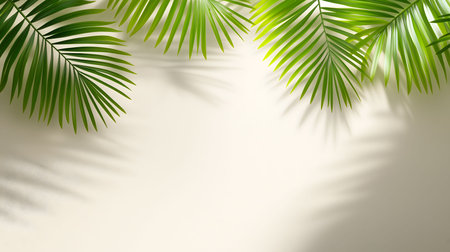 Palm leaves cast shadows on a beige backdrop. Perfect for summer designs.の写真素材