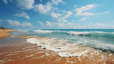Stunning beach scene. Turquoise water, white waves, and blue sky.の写真素材
