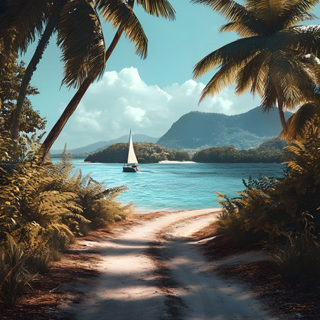 A tranquil beach scene, a sailboat on calm turquoise water, surrounded by lush tropical vegetation and palm trees.の写真素材