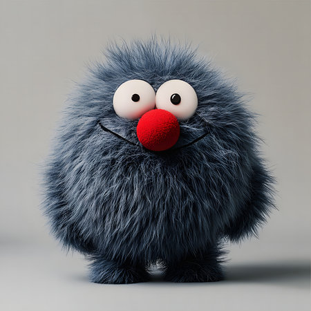 A 3D rendered image of a cute, fluffy gray monster with a big red nose. It's smiling happily.の写真素材