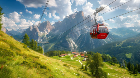 A red cable car ascends, showcasing a breathtaking alpine panorama. Lush green hills, a charming village, and majestic mountains create a stunning vista.の写真素材