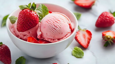 Close-up of strawberry ice cream in a bowl, garnished with fresh strawberries and mint leaves.の写真素材